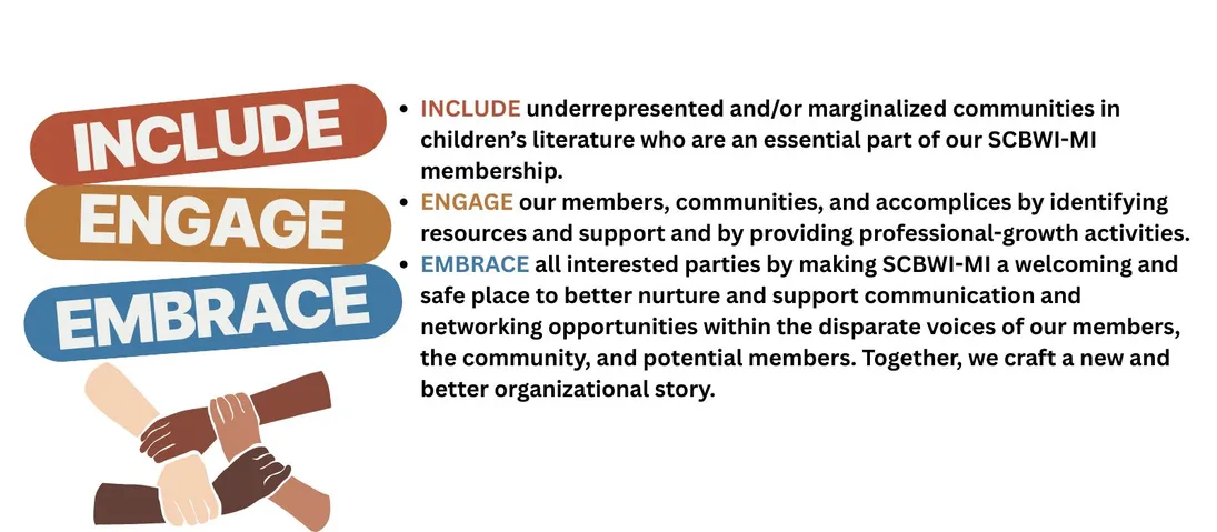INCLUDE underrepresented andor marginalized communities in children’s literature who are an essential part of our SCBWI-MI membership. ENGAGE our members, communities, and accomplices by identifyi (1).jpg